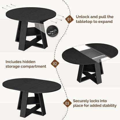 Aivermel 43.3‑59 in Extendable Oval Dining Table for 4‑6, Engineered Wood Round Dining Table with Hidden Extension Storage &Bottom Shelf, Space‑Saving Modern Kitchen Living Room Tables (Vintage Black)