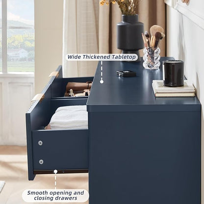 LEYAOYAO Fluted 6 Drawers Dresser, 48" Wide Modern Chest of Drawers with Woodgrain Top, Curved Profile Design, Dresser TV Stand, Wood Drawer Organizer for Bedroom, Living Room, Hallway,Blue