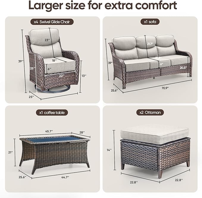 Swivel Patio Chairs Sofa Set of 6 with 6" Thick Cushion - Wicker Outdoor Swivel Rocker Patio Chair,Sofa/Glass Coffee Table, High Back Comfortable Outdoor Glider Chairs - Brown Wicker | Beige Cushions