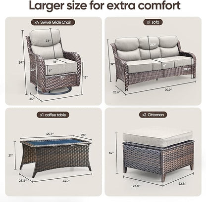 Swivel Patio Chairs Sofa Set of 6 with 6" Thick Cushion - Wicker Outdoor Swivel Rocker Patio Chair,Sofa/Glass Coffee Table, High Back Comfortable Outdoor Glider Chairs - Brown Wicker | Beige Cushions