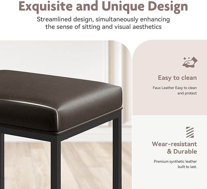 ALPHA HOME 24 Inch Counter Height Bar Stools Set of 3, Upholstered Bar Stools for Kitchen Island, Counter Stools with Faux Leather Cushion and Sturdy Metal Frame, Modern Barstools, Grey