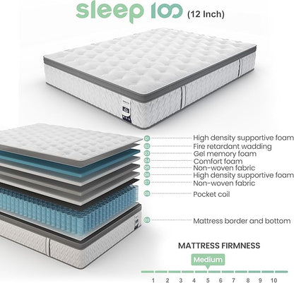 Full Mattress 12 Inch – Hybrid Mattresses for Back Pain, Extra Lumbar & Shoulder Support, Fiberglass-Free & No Odor, 365-Night Trial