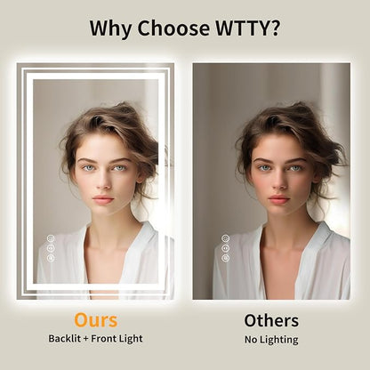 WTTY LED Bathroom Mirror, 24 x 32 with Backlit and Front Light,Stepless Dimmable LED Mirror for Bathroom,Anti-Fog Lighted Bathroom Vanity Mirror Modern for Wall,Memory Function,Shatter-Proof