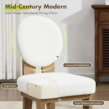 Mid-Century Modern Walnut Dining Chairs Set of 2, Vintage White Wooden Kitchen Chairs, Retro Upholstered Linen Cushioned Seat with Curved Backrest, Armless Accent Side Chair for Bedroom