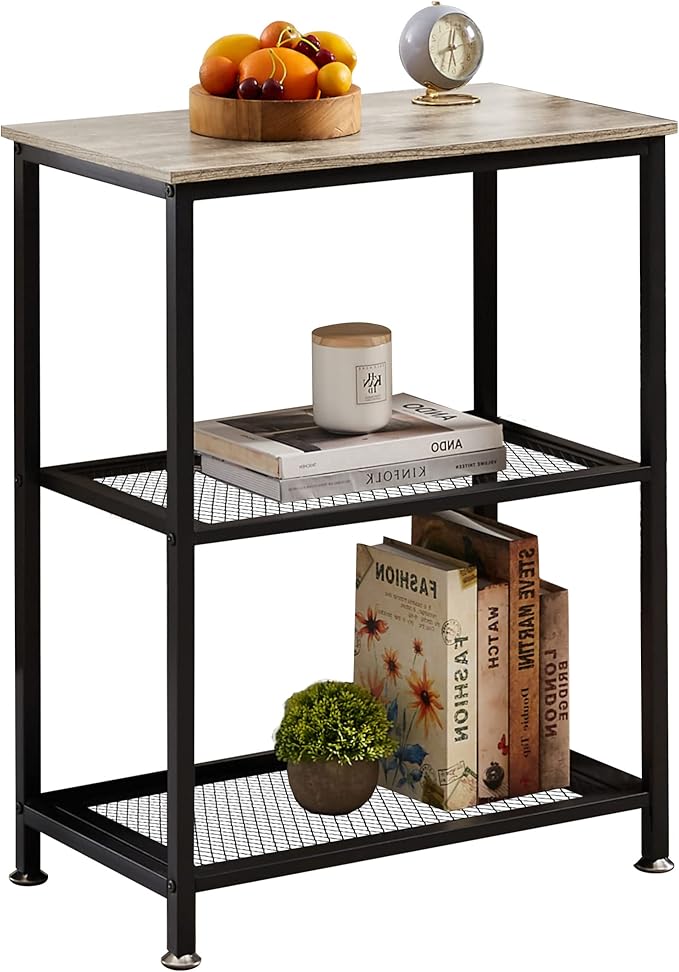 VECELO Tall End Side Tables, 30" Height Nightstand with 3-Tier Storage Shelf for Bedroom Living Room, Easy Assembly,Industrial Style, Grey