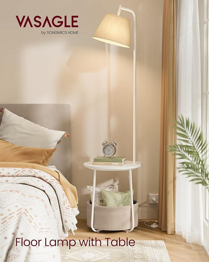 VASAGLE End Table with Lamp, 3-in-1 Floor Lamp with Table and Fabric Basket for Living Room, Tunable LED Bulb Included, Angle-Adjustable Lampshade, Matte White ULFL004WC01S