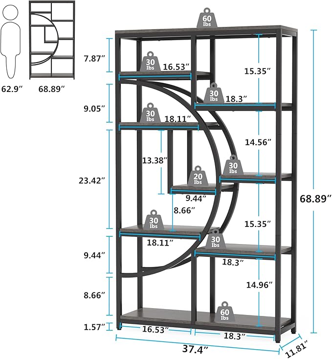 Tribesigns Bookshelf Industrial 5 Tier Etagere Bookcase, Freestanding Tall Bookshelves Display Shelf Storage Organizer with 9-Open Storage Shelf for Living Room, Bedroom, 2 Pack (Gray, 2 Pack)