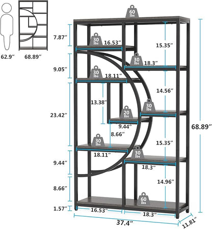 Tribesigns Bookshelf Industrial 5 Tier Etagere Bookcase, Freestanding Tall Bookshelves Display Shelf Storage Organizer with 9-Open Storage Shelf for Living Room, Bedroom, 2 Pack (Gray, 2 Pack)