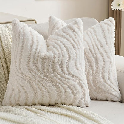 FUTEI White Decorative Throw Pillow Covers 26x26 Inch Set of 2,Soft Faux Fur Geometric Shapes Texture Euro Pillow Shams,Boho Home Decor for Couch Bed Living Room