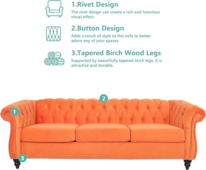 2 Piece Living Room Sofa Set, 3 Seater Velvet Sofa Couch and Chair Set, Mid Century Modern Upholstered Couch with Cushions, Comfy Tufted Chesterfield Couches for Living Room, Bedroom, Office