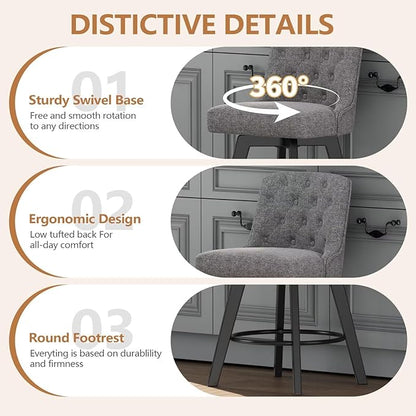 MINCETA Bar Stool, 30 Inch Upholstered Barstool with Low Tufted Back and Footrest, Swivel Counter Height Barstool for Kitchen Island Home Bar Performance Fabric Gray