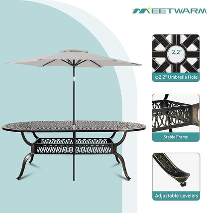 MEETWARM 9-Piece Outdoor Patio Dining Set, 8 Outdoor Dining Cushioned Chairs and 1 Oval Table with 2" Umbrella Hole, All Weather Cast Aluminum Patio Funiture Set for Backyard, Ocean Blue