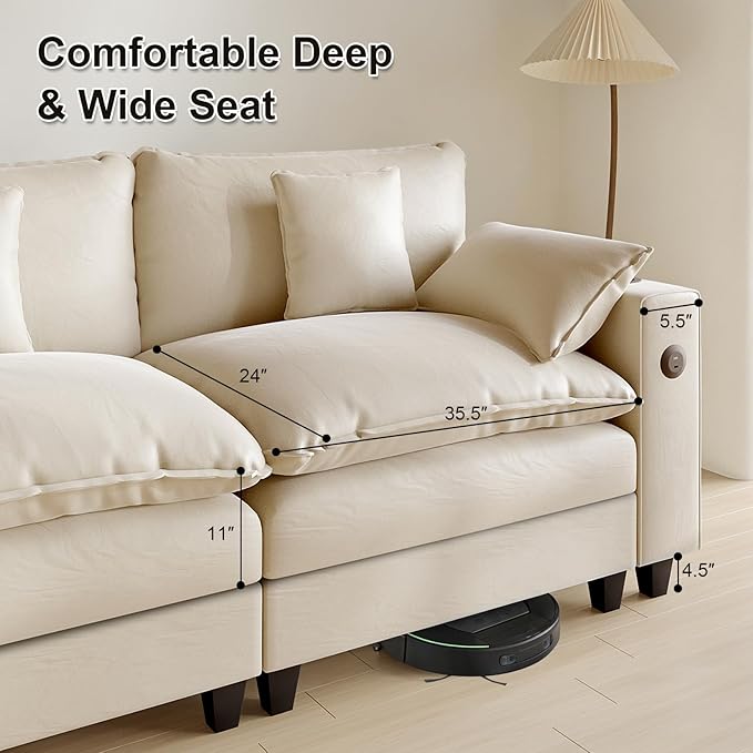 Cloud Couch, Modular Sectional Sofa with Ottoman, Charging Station, Throw Pillows, Cup Holders, Modern Convertible L Shaped Couches for Living Room, Bedroom (White, 80.7"- L Shape)