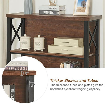 HOMBAZAAR Book Shelf,4 Tier Short Bookshelf with Metal Frame and Backboard,Rustic Brown Deep Bookcase with Engineered Wood Shelves,Shelf Bookcase for Living Room,Bedroom and Office