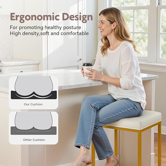 ALPHA HOME 24 Inch Counter Height Bar Stools Set of 4, Upholstered Bar Stools for Kitchen Island, Counter Stools with Faux Leather Cushion and Sturdy Metal Frame, Modern Barstools, White and Gold