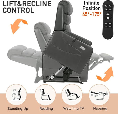 EONIX Wide Lay Flat Power Lift Recliner Chair for Elderly, Heavy Duty Oversized Breathable Faux Leather Lift Chairs Recliner Sofa with Heat and Massage and Charging Ports, Grey
