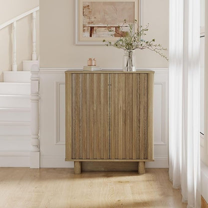 Natural Storage Cabinet Set, Freestanding Floor Cabinet 23.6” Farmhouse Sideboard with 2 Fluted Doors Wooden Buffet Cabinet Media Console Table Credenza for Living Room Dining Room Hallway, Singe