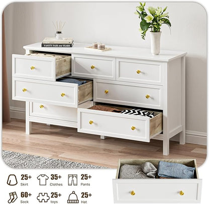 White Dresser for Bedroom with Gold Handle Modern 7 Drawer Dresser, Wood Chest of Drawer Closet Clothes Storage Organizer for Living Room, Hallway, TV Stand, 55 Inch