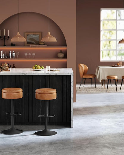 VASAGLE EKHO Collection - 360° Swivel Bar Stools Set of 4, Height Adjustable Barstools with Storage, Synthetic Leather with Stitching, Mid-Century Modern, Kitchen Bar, Easy Assembly, Caramel Brown