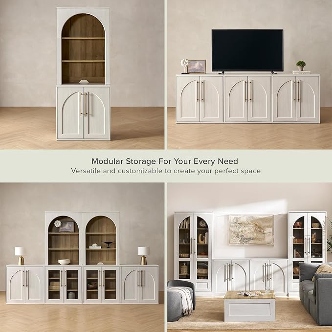 mopio Blake Storage Cabinet, Small Modular Accent Display Sideboard Buffet Cabinet with Storage, Media Console Credenza, for Kitchen, Coffee Bar, Pantry, Living Room (White Oak Arched, Single)