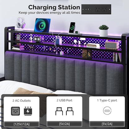 VINGLI King Size Headboard Only, Adjustable Upholstered Headboard with 3 Tier Shelves and Pegboard with Charging Stations and LED Lights, Modern Bed Headboard with Storage for Bedroom Decor