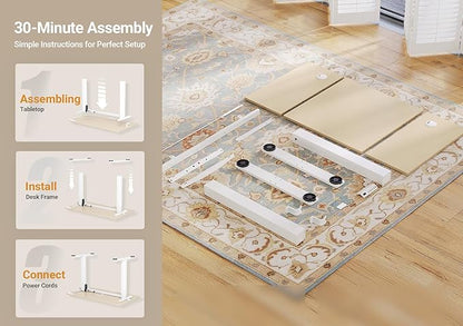 Seang Electric Height Adjustable Standing Desk, 55 x 24 Inch Sit-Stand Desk with T-Shaped Frame, 3 Memory Presets & Cable Management for Home Office Computer Workstation, White Frame/Nature Top