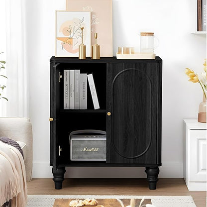 ORRD Fluted Storage Cabinet, Modern Credenza Wooden Accent Sideboard Buffet Cabinet Set of 2 with Adjustable Shelves and Solid Wood Legs, Console Table for Kitchen Dining Living Room Entryway, Black