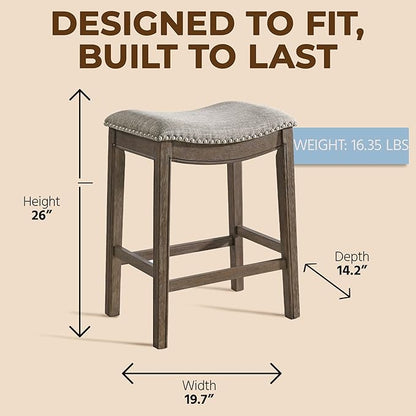 ROME + OAK Set of 3 Parker 26 Inch Counter Stool, Backless Saddle Kitchen Barstool in Walnut Finish with Grey Fabric Upholstery Cushion Seat