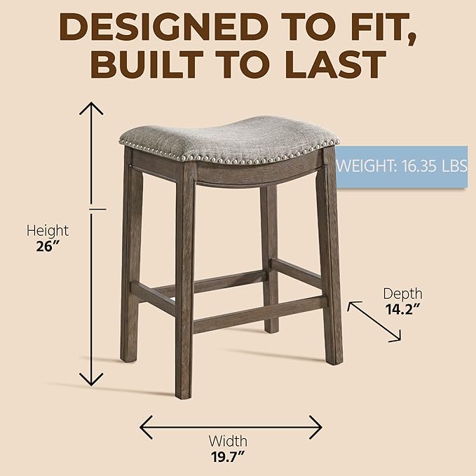 ROME + OAK Parker 26 Inch Counter Stool, Backless Saddle Kitchen Barstool in Walnut Finish with Grey Fabric Upholstery Cushion Seat