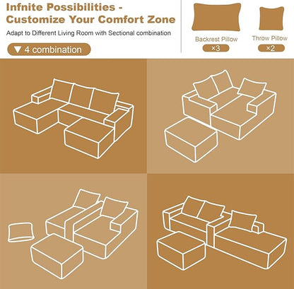 108" Sectional Couches for Living Room Modern Modular Sofa with L-Shape Couchs Upholstered Boneless Couch Deep Seat Sectional Couch with Chaise (Camel, Left Facing Chaise+2Seaters+1Ottoman)