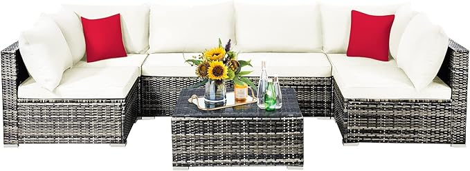 Tangkula 7 Pieces Patio Rattan Furniture Set, Patiojoy Outdoor Conversation Set with Cushions and Tempered Glass Coffee Table, All-Weather Sectional Sofa Set for Garden, Lawn, Backyard (White)