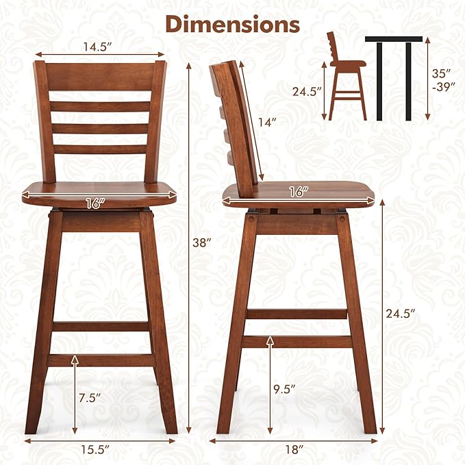 COSTWAY Bar Stools Set of 2, 24.5 Inch Swivel Counter Height Bar Chairs with Hollow Backrest & Contoured Seat, with Footrest for Kitchen Island, Pub, Bistro, Cafe (2, Walnut)