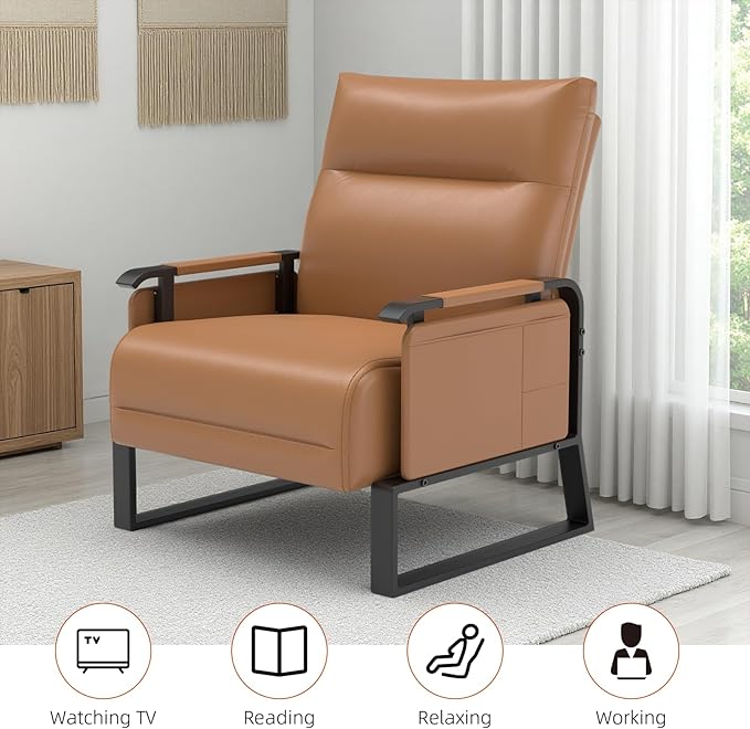 Upholstered Accent Chairs Set of 2, Modern Faux Leather Sofa Chairs with Foldable Side Tray Table & Storage Pocket, Small Accent Sofas for Living Room, Bedroom, Brown