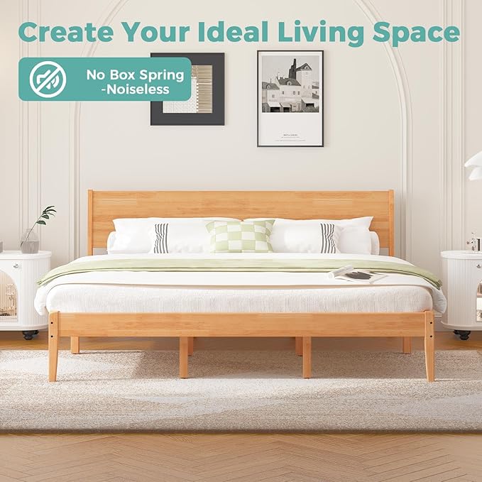 King Size Bed Frame and Headboard, Malaysian Oak King Bed Frame with Storage, Modern Platform Bed Frame with Headboard, No Box Spring Needed, Easy Assembly, Rustic Pine