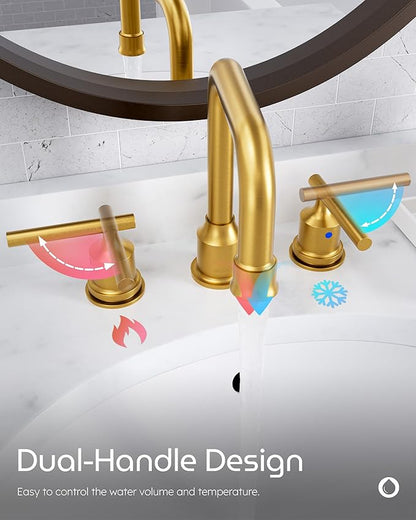 WOWOW Brushed Gold Bathroom Faucet Widespread Bathroom Sink Faucet 2 Handle Lavatory Tap 3 Holes with Drain and Supply Hoses Mordern Basin Taps