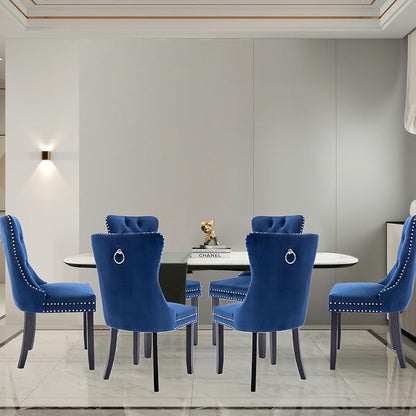 Velvet Upholstered Dining Chairs Set of 8, Modern Style Kitchen Side Chairs with Nailhead Trim and Wood Legs,Metal Pulling Ring for Dining Room Living Room(Blue)