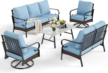 5 Piece Metal Outdoor Patio Furniture Set, Patio Conversation Sets 1 3-Seater Sofa, 2-Seater Sofa, 2 Swivel Sofa with 5.75" Thick Cushion & Coffee Table Black Backyard Furniture, Blue