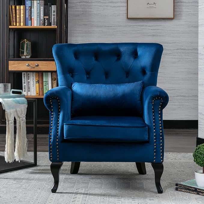chairus Mid-Century Modern Accent Chairs Set of 2 Comfy Tufted Single Sofa Chair Wingback Armchair with Pillow for Club, Living Room, Bedroom - Velvet, Blue