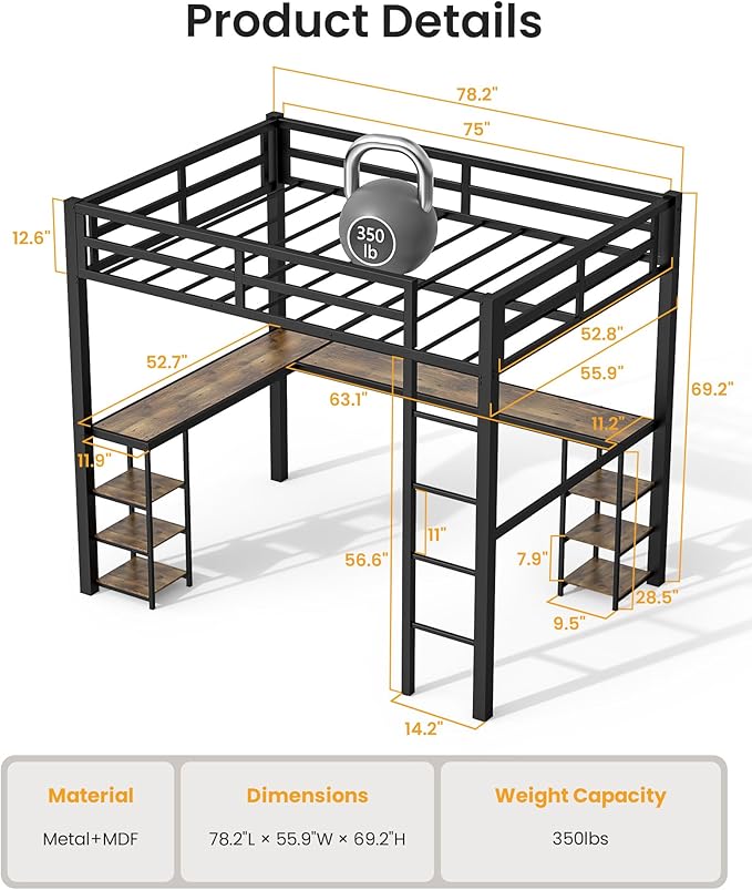 Full Size Loft Bed with Desk & Open Shelves, Heavy Duty Metal Bed Frame with Safety Guardrails & Ladder, Loft Beds with Vintage Wood Finish L-Shaped Desk, Black