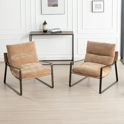 LukeAlon Modern Chenille Accent Armchair, Upholstered Lounge Chair with Brass Metal Frame Thickened Cushion Single Sofa Chair Comfy Leisure Side Chair with Armrest for Bedroom Living Room, Khaki