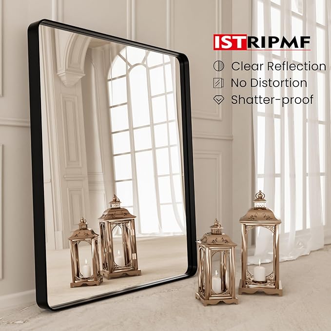 48x30 Inch Black Bthroom Mirror,Black Metal Frame Vanity Mirror,Rounded Rectangular Matte Black Wall Mirrors,Tempered Glass,Anti-Rust,Horizontal or Vertical
