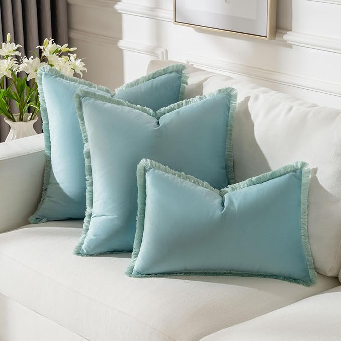 FUTEI Aqua Velvet Decorative Throw Pillow Covers 24x24 Set of 2,Soft Cozy Edge with Tassels European Cushion Case,Boho Modern Home Decor for Couch Bed Living Room