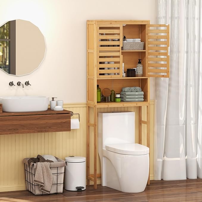 Giantex Over The Toilet Storage Cabinet, 4-Tier Bamboo Bathroom Space Saver with 2 Louver Doors, Open Shelf, Adjustable Bottom Bar, Over Toilet Bathroom Organizer for Laundry, Balcony, Restroom