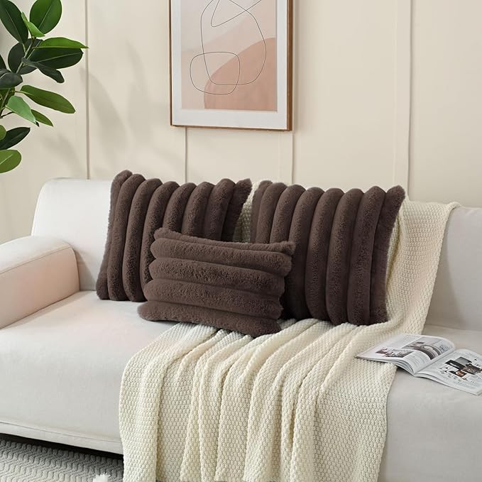 FUTEI Dark Coffee Decorative Throw Pillow Covers 24x24 Inch Set of 2, Square Soft Faux Rabbit Fur Big Striped Pillow Sham,Home Decor for Couch Sofa Bed Living Room