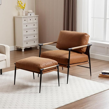DUOMAY Cute PU Leather Single Footrest, Upholstered Footstool with Black Metal Legs Mid Century Modern Vanity Room Ottoman Shoe Stool for Living Room Bedroom Dressing Room, Brown
