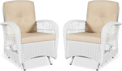 VIVIJASON 2-Piece Outdoor White Wicker Glider Rocking Chair, Patio Rattan Swing Glider Chairs with Cushions & Steel Frame, All-Weather Gliding Lawn Wicker Furniture for Garden Backyard Porch, Beige