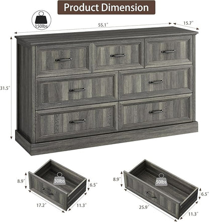 Farmhouse 7 Drawer Dresser for Bedroom, 55 Inch Wide Modern Grey Dresser TV Stand with Large Drawers & Bar Handles, Rustic Wood Chest of Drawers for Bedroom, Living Room