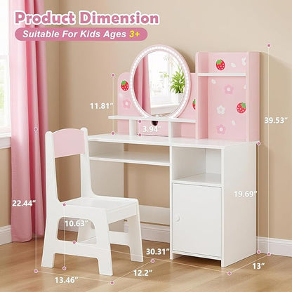 JOYLDIAS Kids Vanity with Lights, Pink Girls Makeup Vanity with Open Bookshelf, Storage Cabinet & Shelves, 2 in 1 Toddler Vanity Desk and Chair Set, Dressing Table for Kids 3+