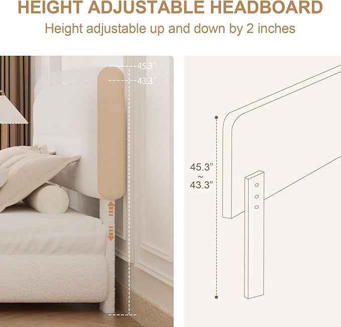 Full Size Cloud Bed Frame, Upholstered Boucle Platform Bed with Adjustable Headboard, Anti-Collision Soft Rounded Corners, Noise Free, Easy Assembly, White