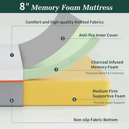 VECELO Charcoal Infused Memory Foam Full Mattress 8 Inch, Medium Firm Full Size Bed Mattress with Washable Cover for Full Bed Frame, Pressure Relieve, Fresh Cooling Comfort